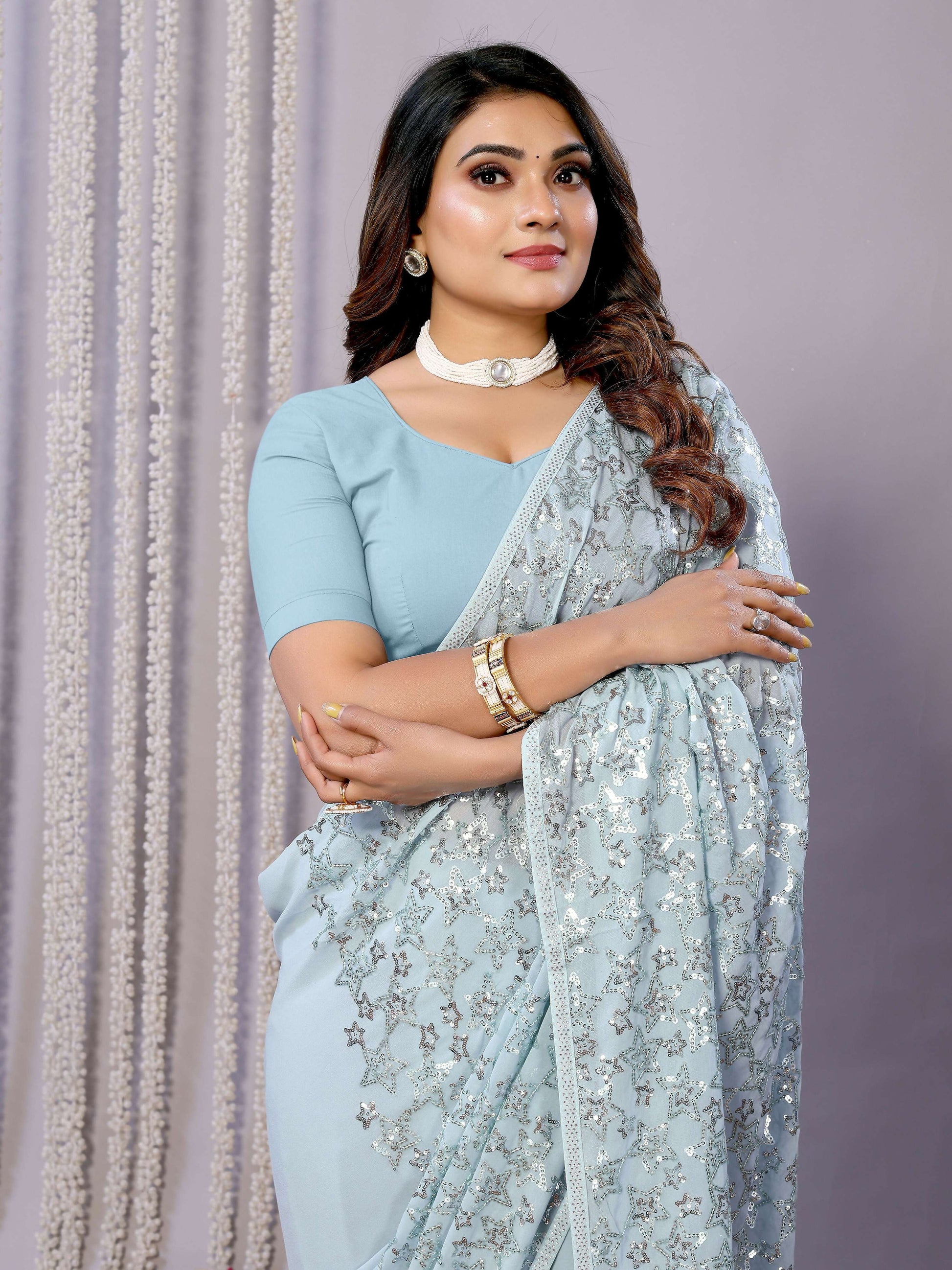 Sky Blue Pure Georgette Embroidered Saree With Stitched Blouse - Nimaya Kaksha