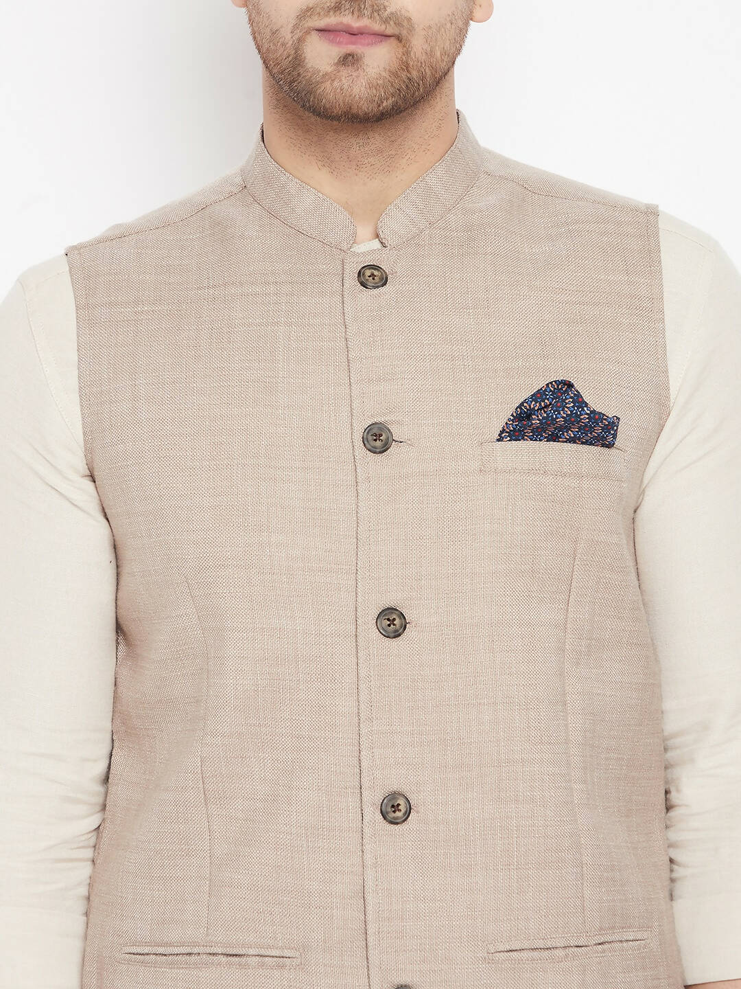 Even Apparels Cream Linen Men's Nehru Jacket-Contrast Lining-Inbuilt Pocket Square 