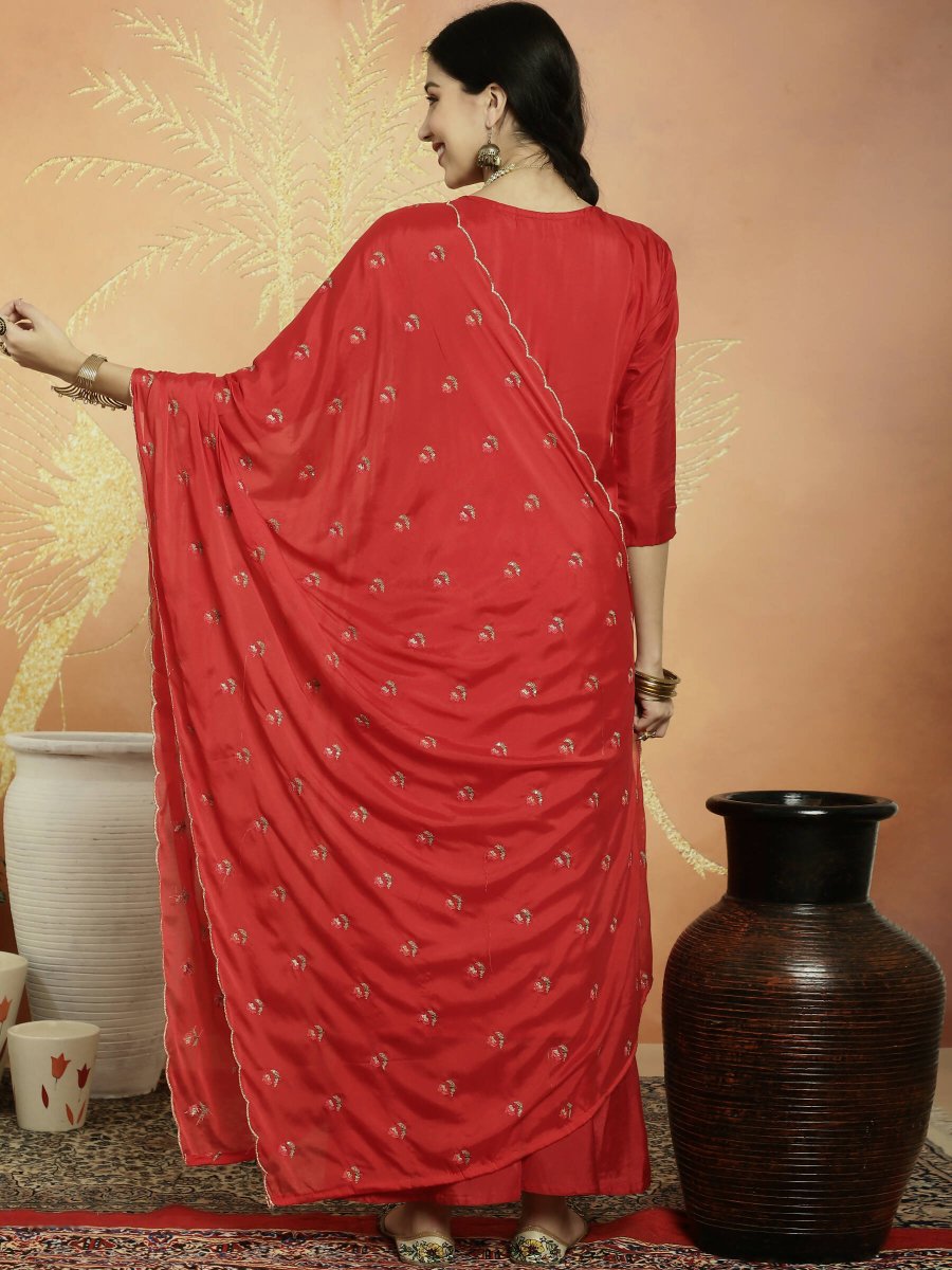 Aastha Fashion Women's Red Upada Silk Floral Resham Thread Kurta with Trouser & Dupatta - Grab2buy