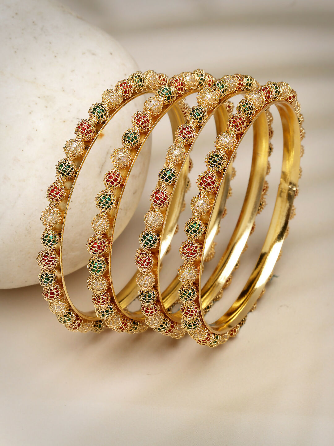 NVR Women's Set of 4 Gold-Polished Beads Handcrafted Traditional Bangles 