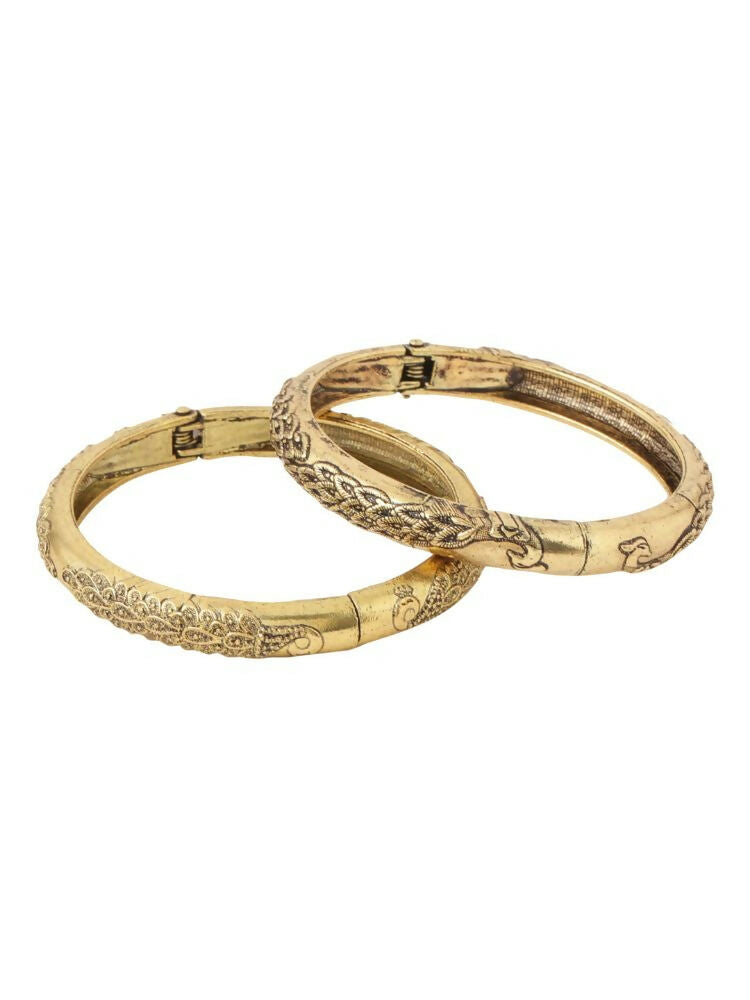 NVR Women Set of 2 Gold-Polished Leaf Design Oxidised Bangles 