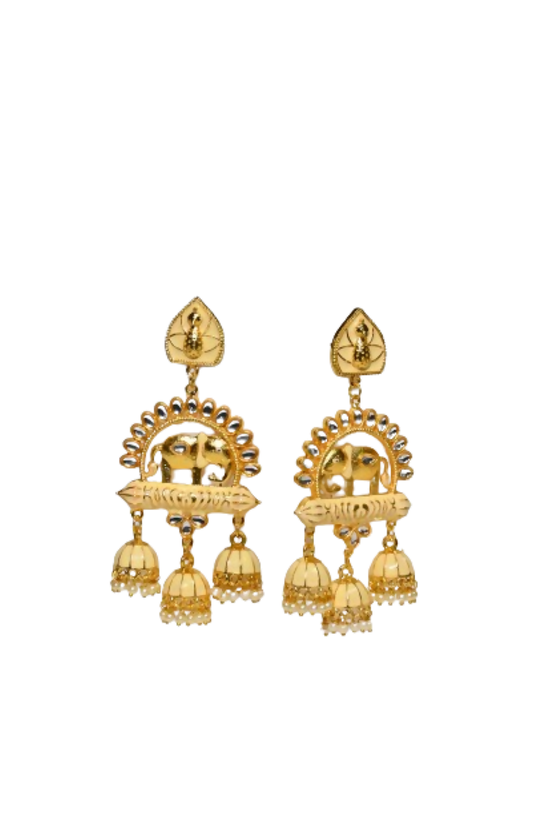 Beige Traditional Gold-Polished Elephant Design Kundan Jhumka Jhumki Earrings Indian Jewellery For Women & Girls By House of Ree House of Ree