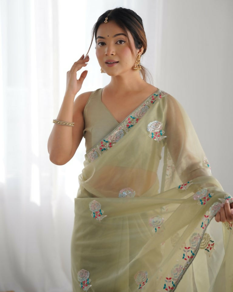 Pista Gold Twill Net Multy Thread, Sequance Embroidery Work Saree - Kriti