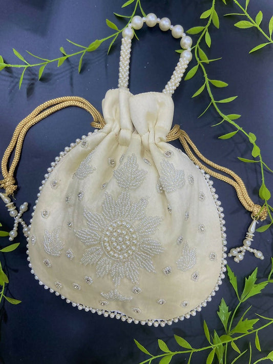 Joban Fashion Pearl Hand Work Potli Bag - Off White