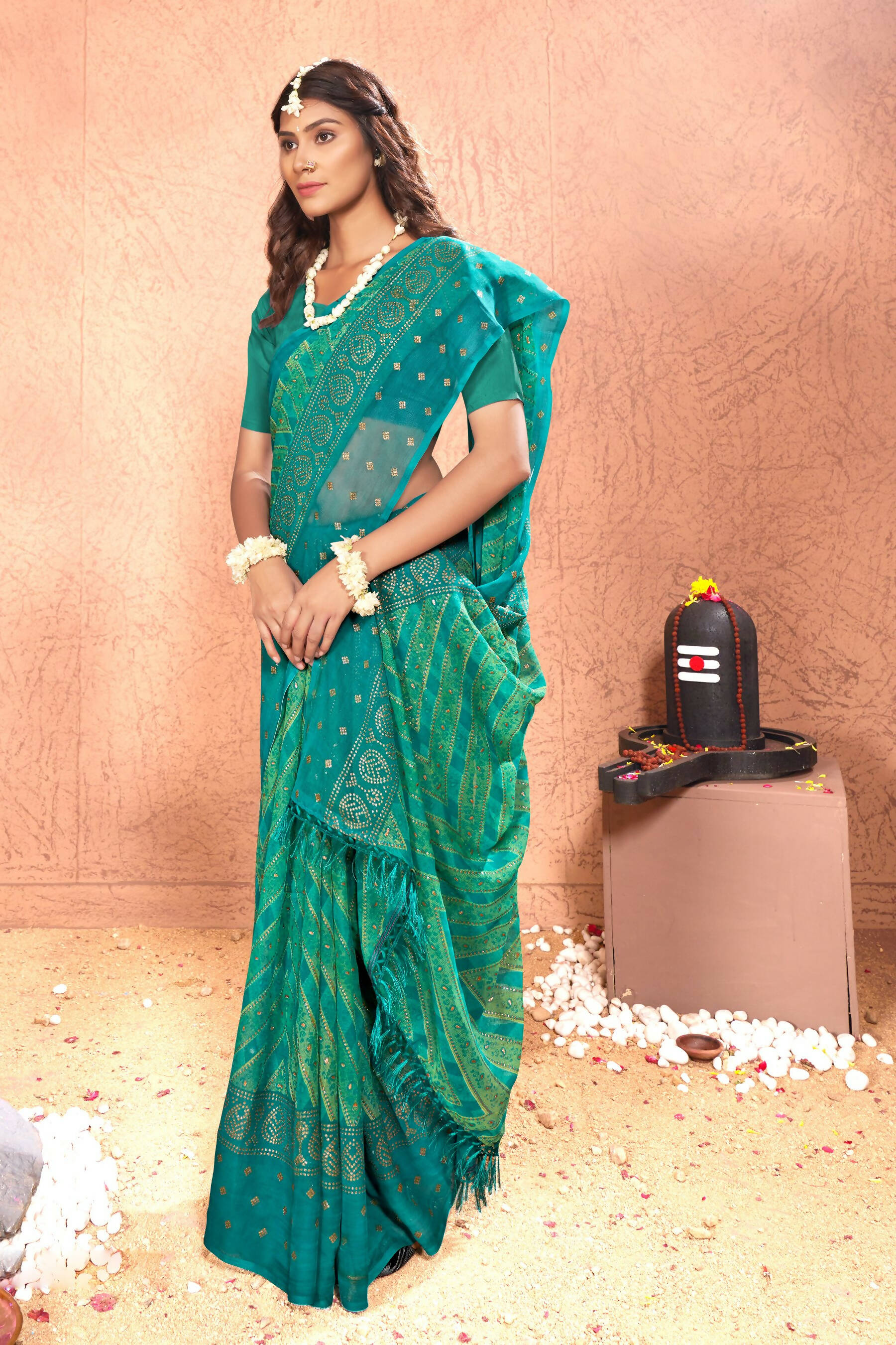 Sea Green Chiffon Foil Printed Saree with Unstitched Blouse Piece - Rajal