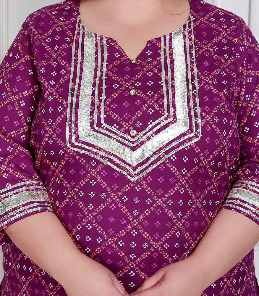 Miravan Plus Size Magenta Embroidered Cotton Kurta With Palazzo And Dupatta