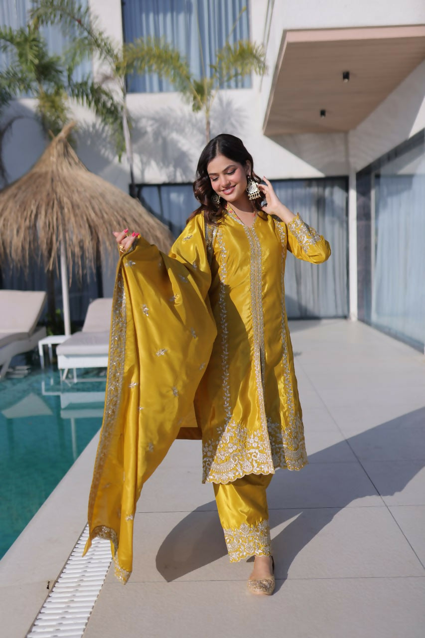Teeya Creation Womens New Yellow Silk With Rich Zari Coding Embroidered Work Kurta Pant Set