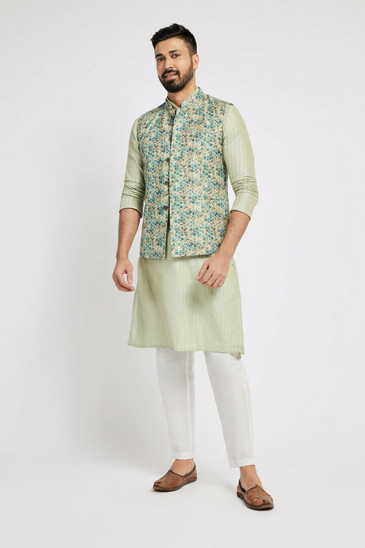 Ethnic India Blue Bundi Men's Jacket Geometric Polyester | Swadesiicart