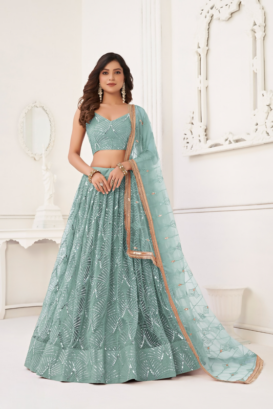 Eilara Glamorous Ocean Blue Net With Sequins And Thread Embroidery Real Mirror Work Lehenga Choli For Wedding