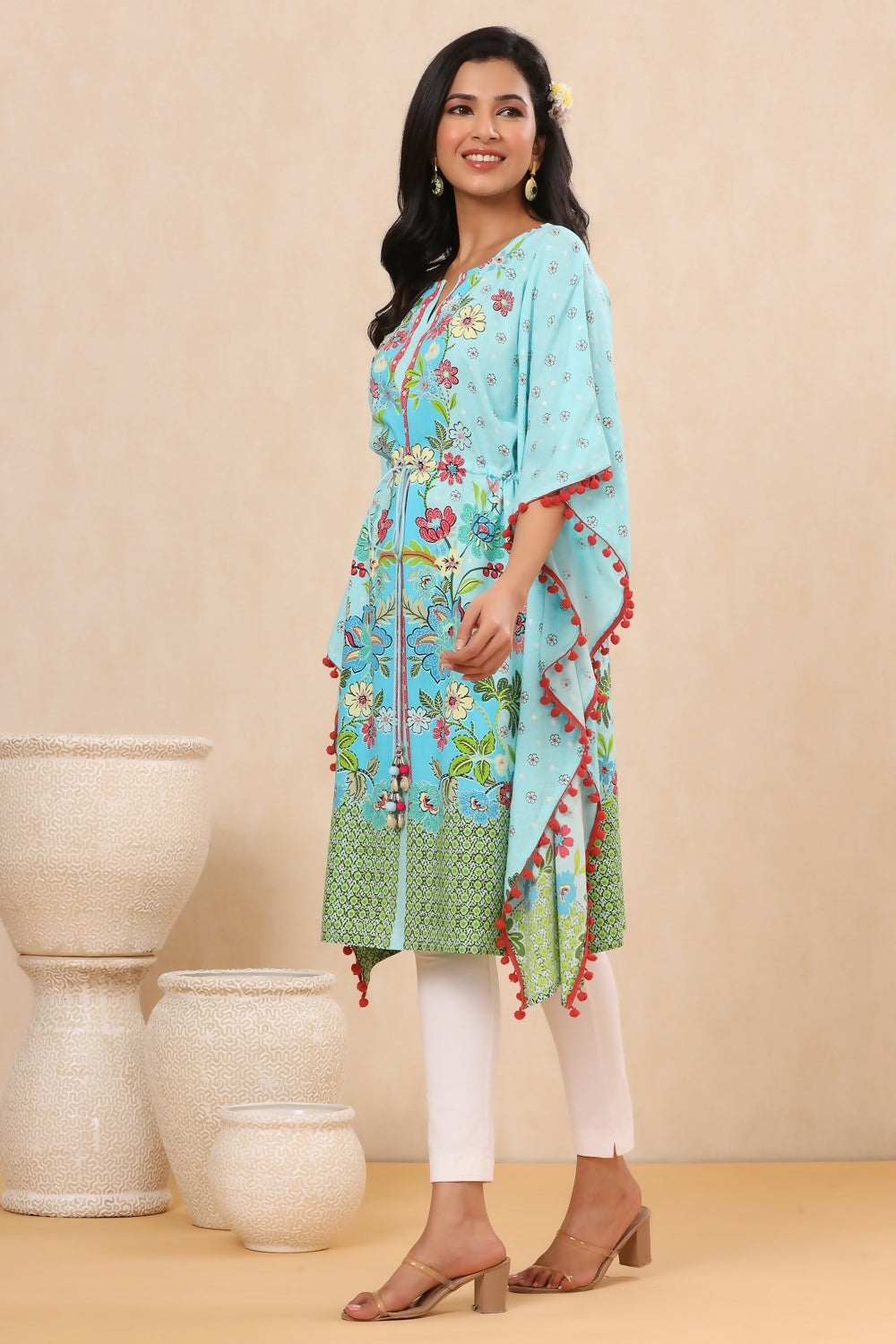 Juniper Sky Blue Floral Printed Calf-Length Rayon Kaftan.
