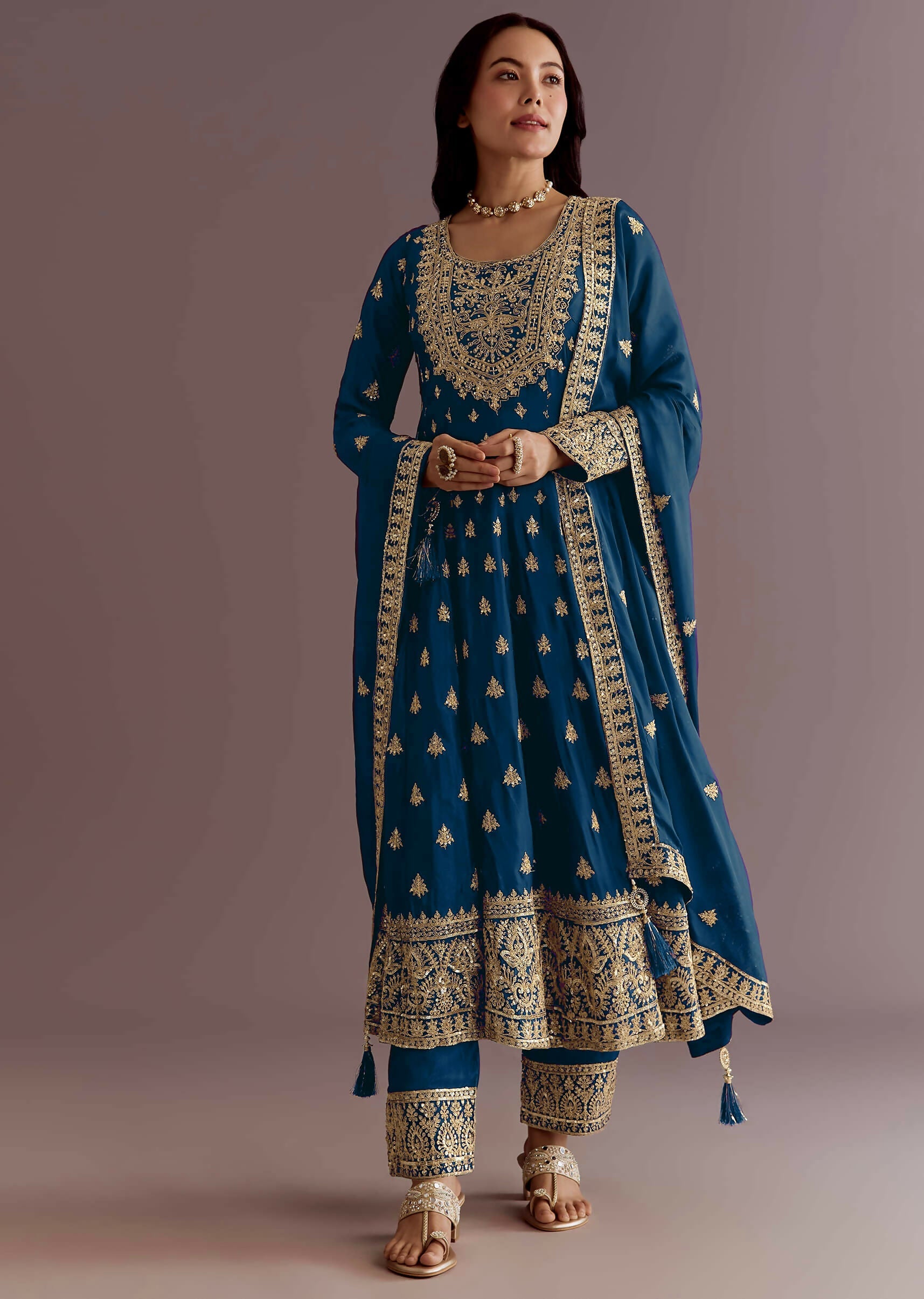 Teeya Creation Morpich Color Chinon Silk Embroidery Work Wedding Wear Gown