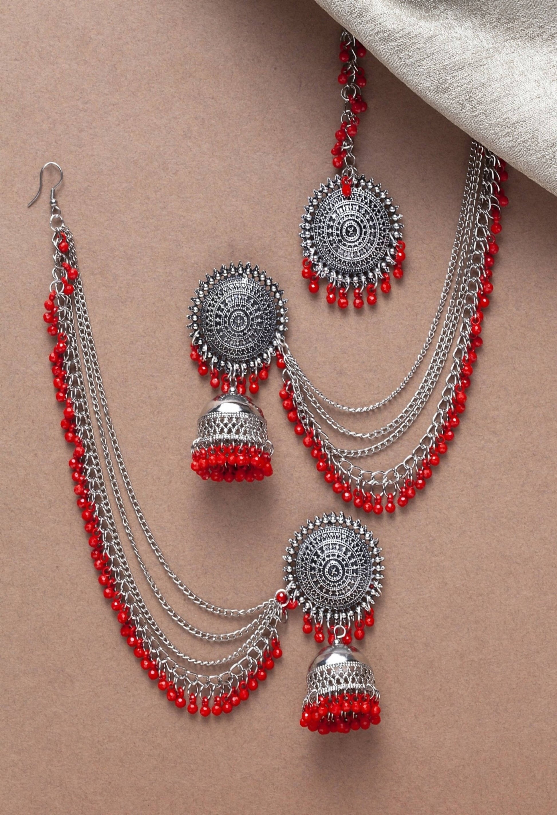 Mominos Fashion Johar Kamal Bahubali Red Beads Earrings With Tikka - Grab2buy