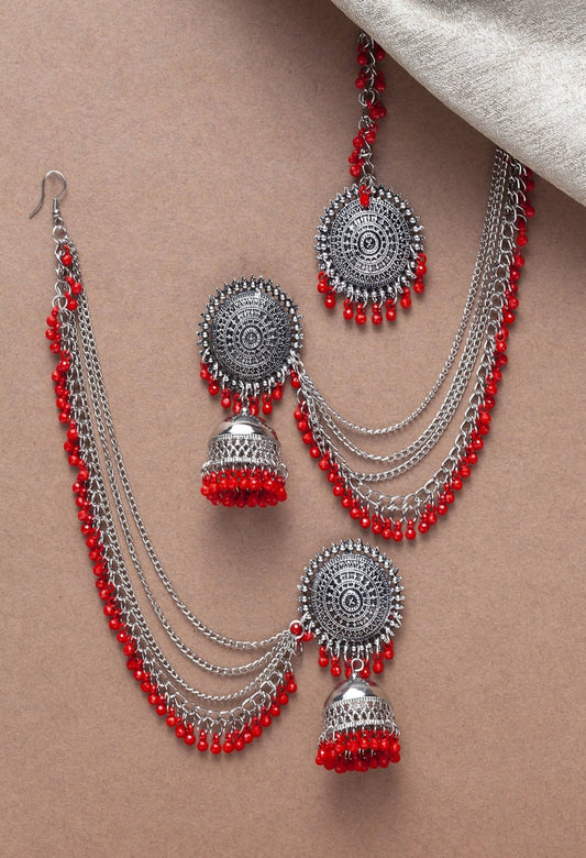 Mominos Fashion Johar Kamal Bahubali Red Beads Earrings With Tikka - Grab2buy