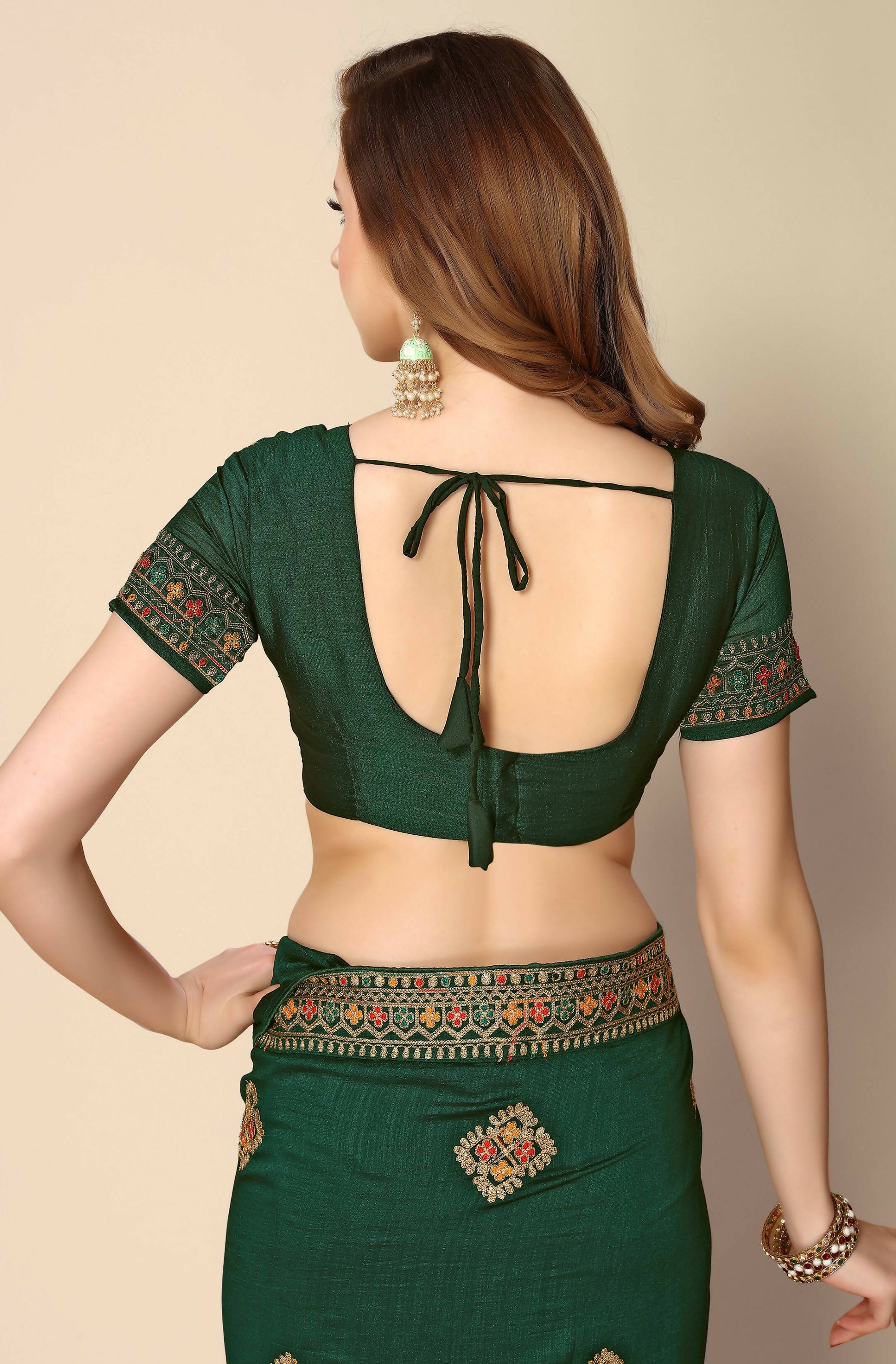 Green Chinon Embroidered Saree with Unstitched Blouse Piece - Roozal