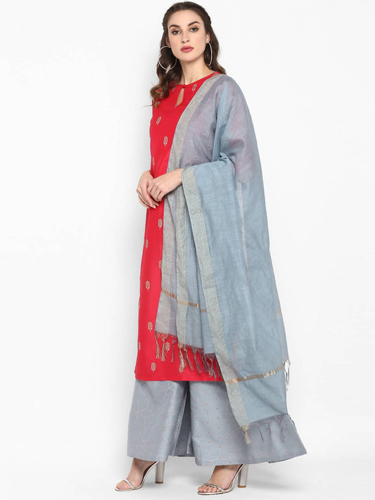 Janasya Women Red Poly Silk Kurta With Palazzo and Dupatta