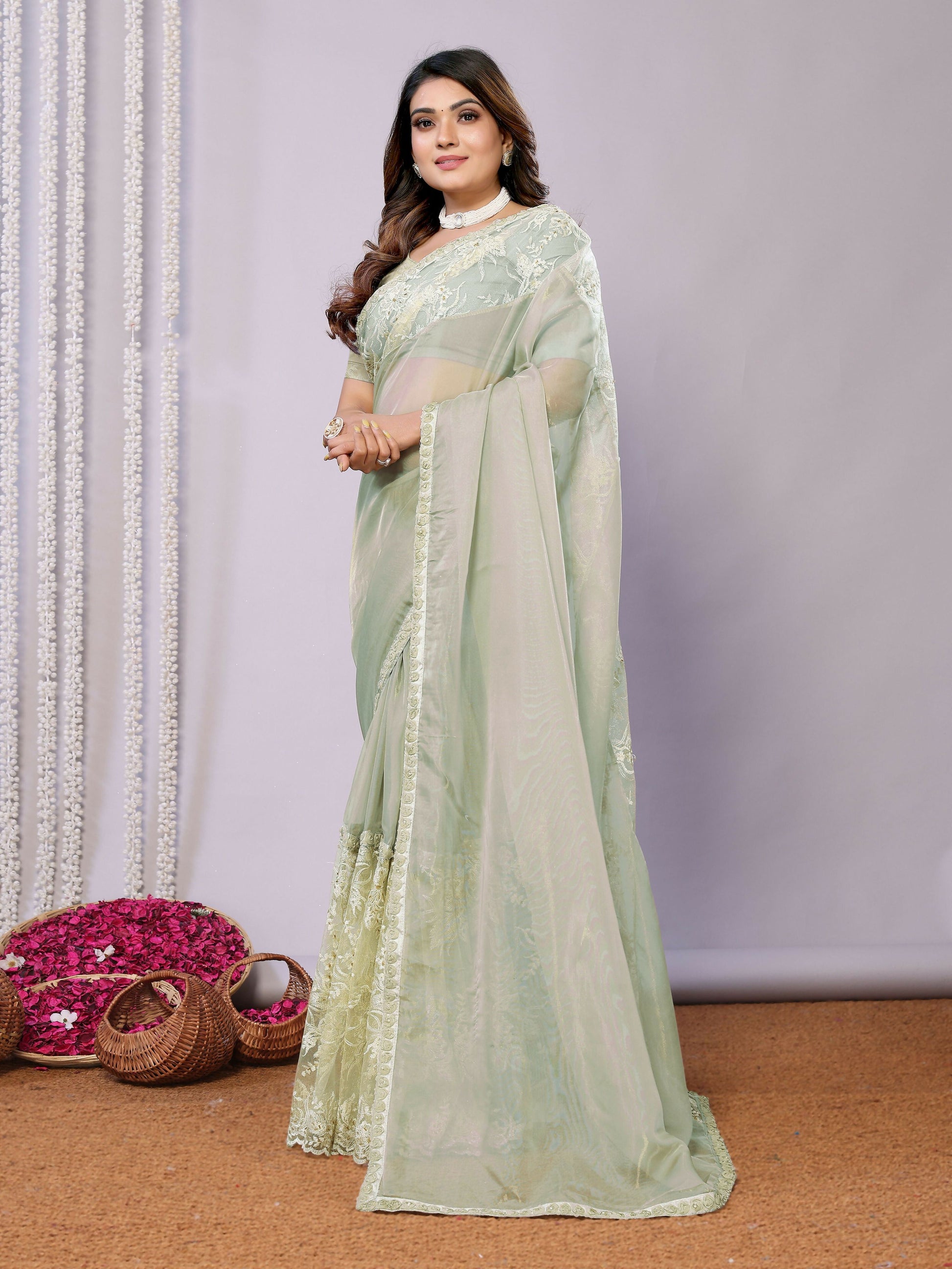 Green Glass Tissue,Net Embroidered Saree With Stitched Blouse - Nimaya Kaksha