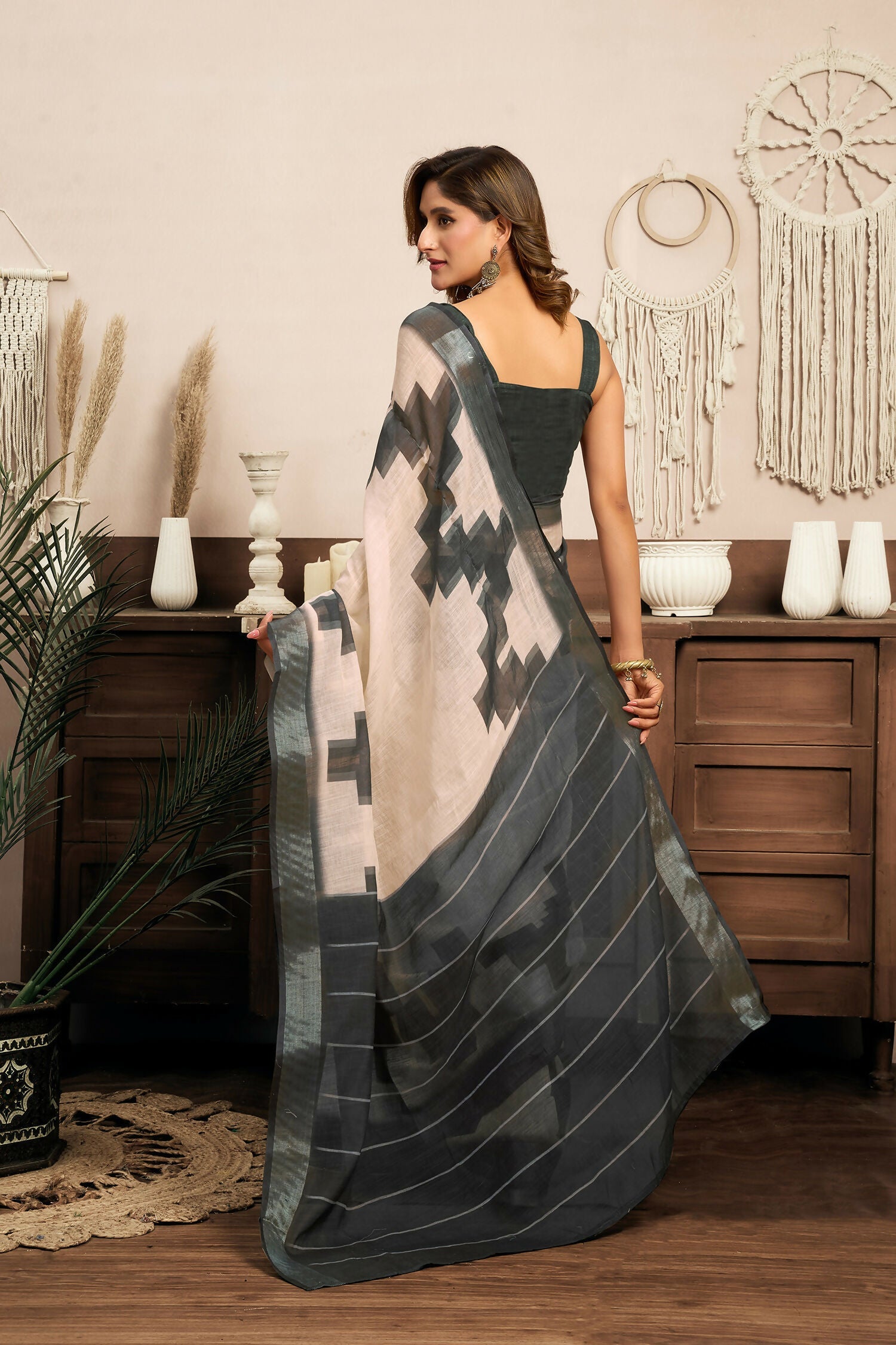 Joban Fashion White & Grey Ethnic Motifs Linen Ready To Wear Saree With Unstitched Blouse