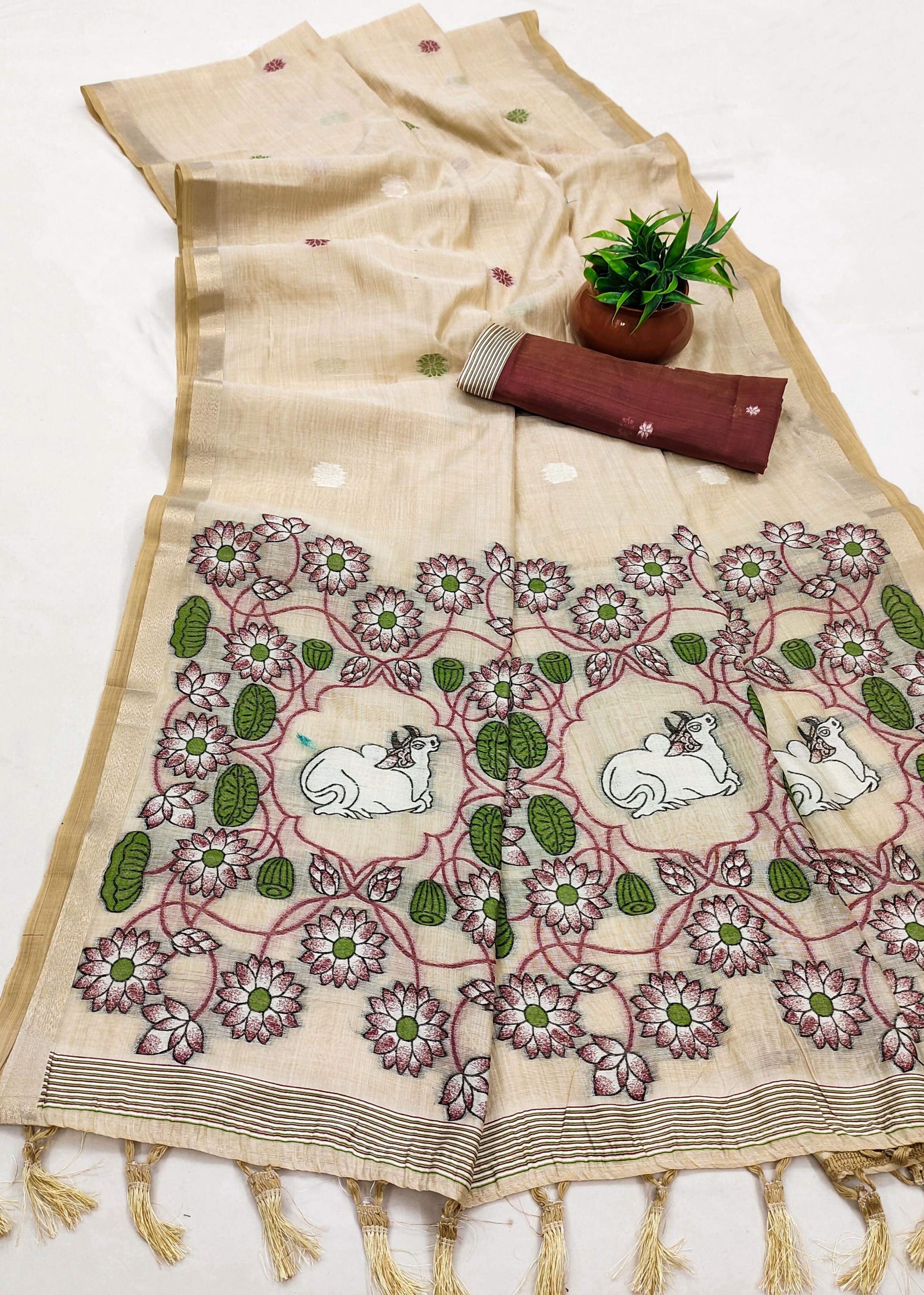 Vastranavya Cream Muga Cotton Meenakari & Azarakh Pallu Grab2Buy with Contrast Blouse  Grab2Buy Vastranavya Grab2Buy