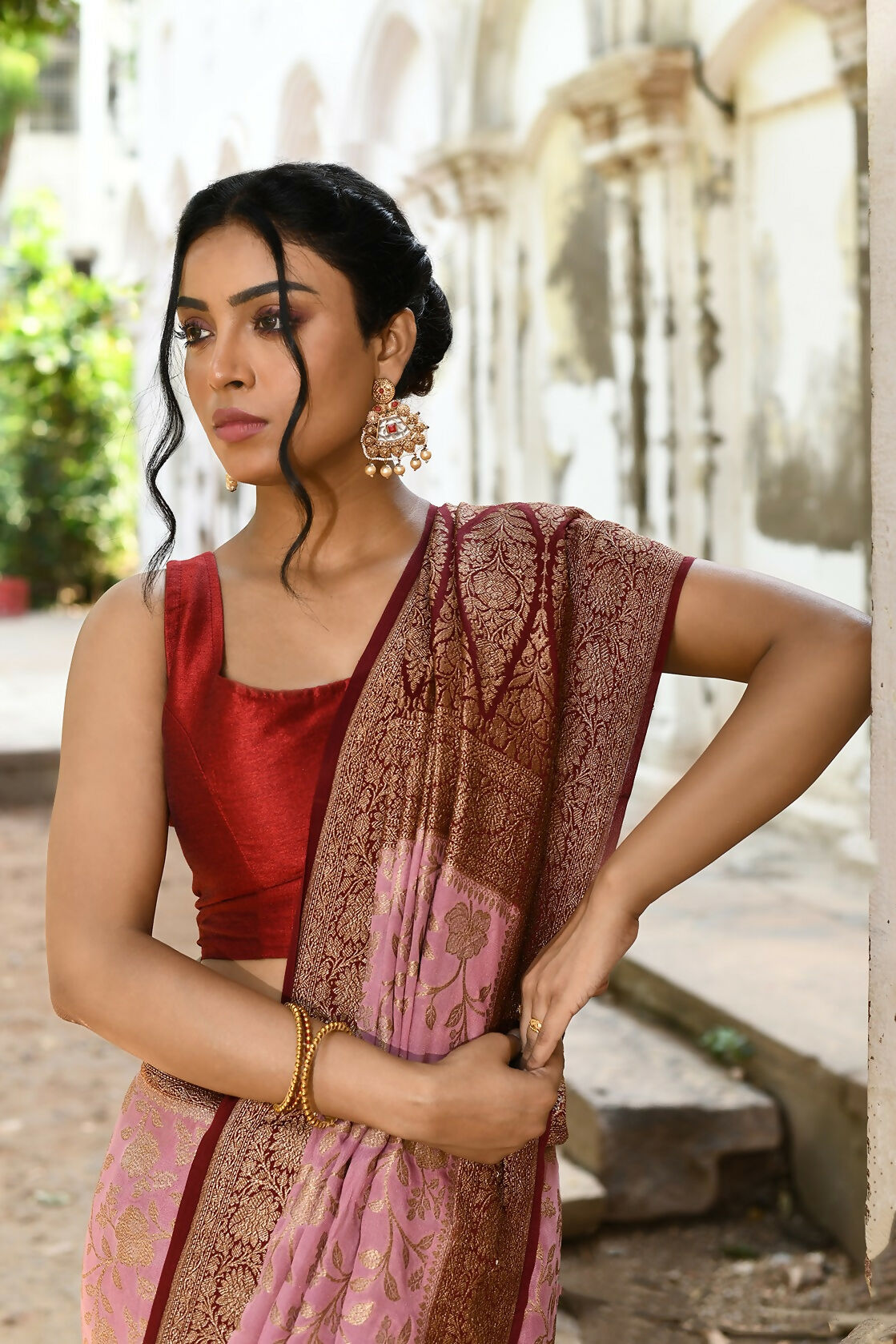 Joban Fashion Nude Pink Crepe Chiffon Pure Handloom Banarasi Silk Grab2Buy 