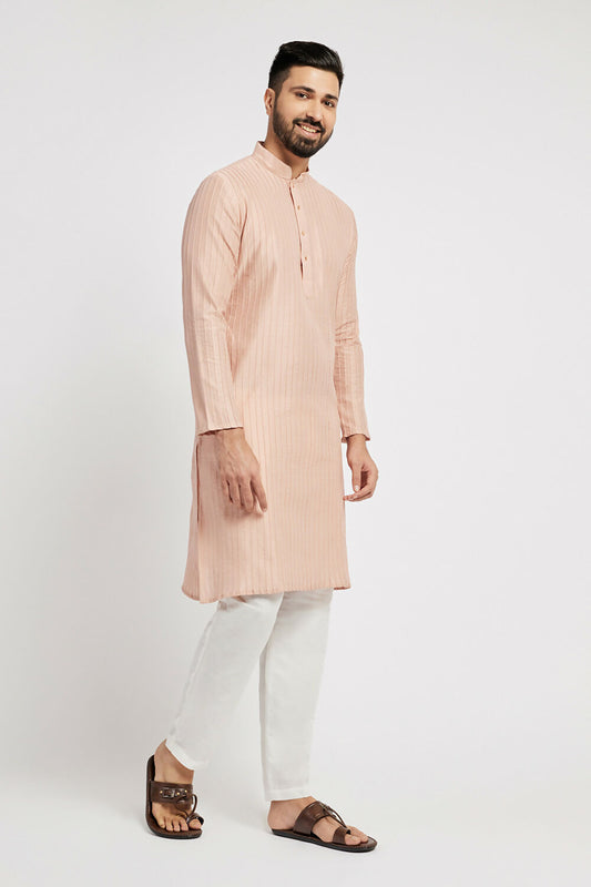 Ethnic India Pink Men's Kurta Striped Polyester | Swadesiicart