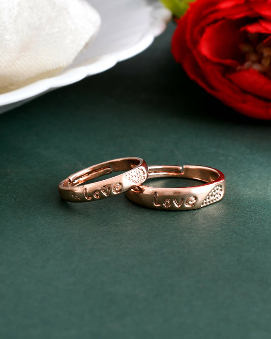VOJ Stainless Steel Cubic Zirconia Gold-Polished Adjustable Couple Ring Set 