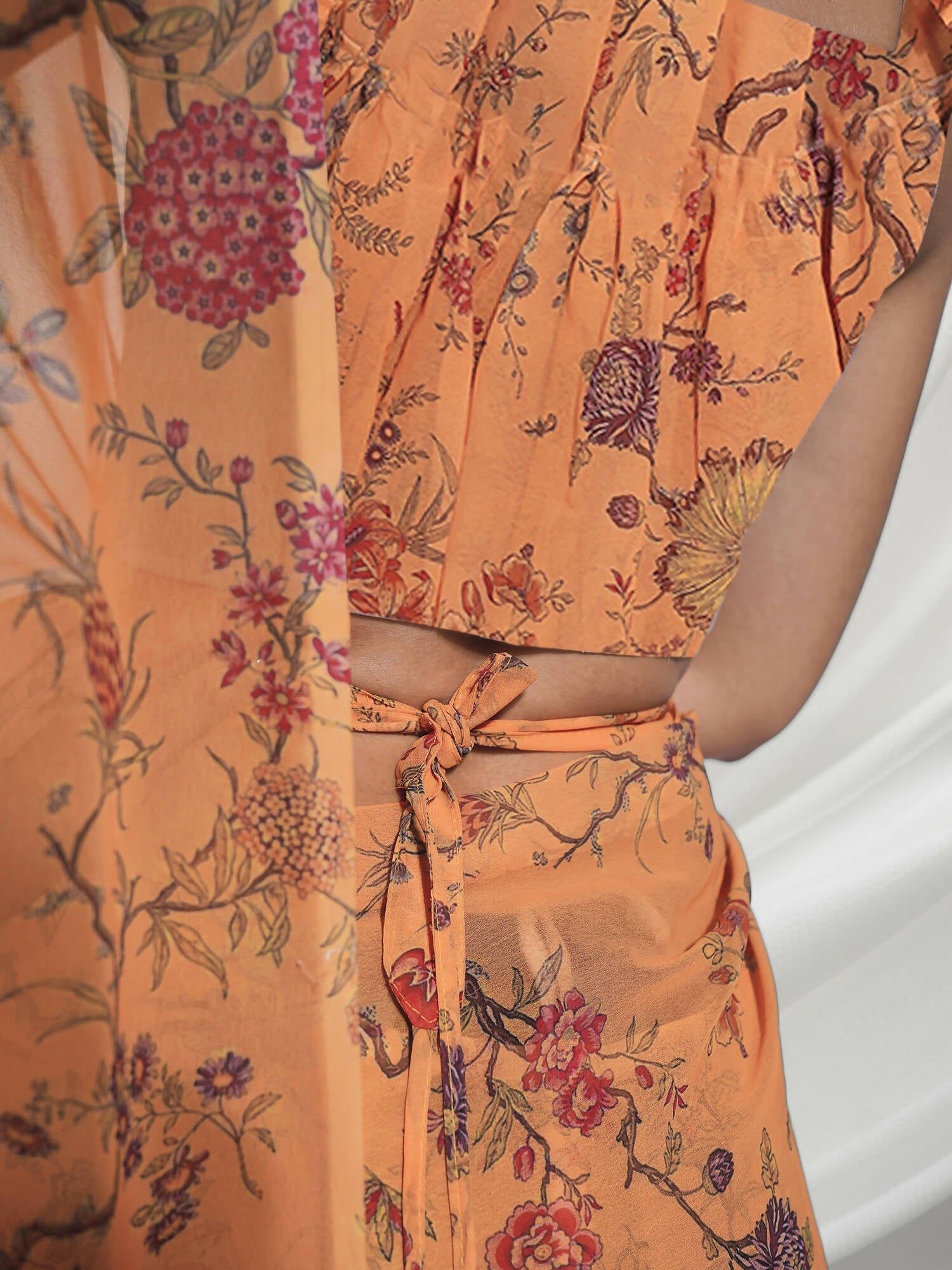 Orange Georgette Floral Printed Saree With Unstitched Blouse Piece - Rajal