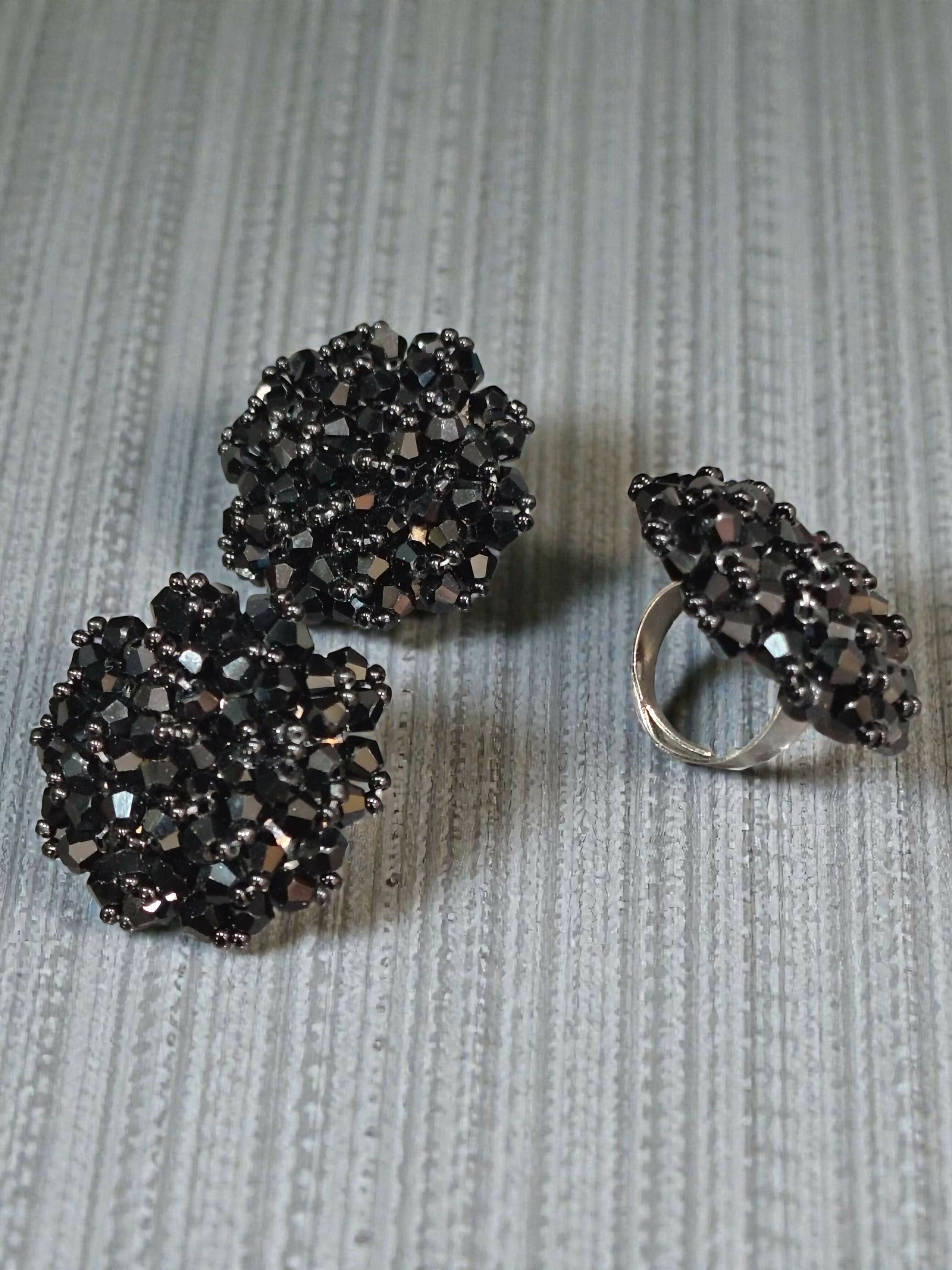 Inhanns Rangmani Crystal Duo – Adjustable Ring + Statement Earrings Set - Black