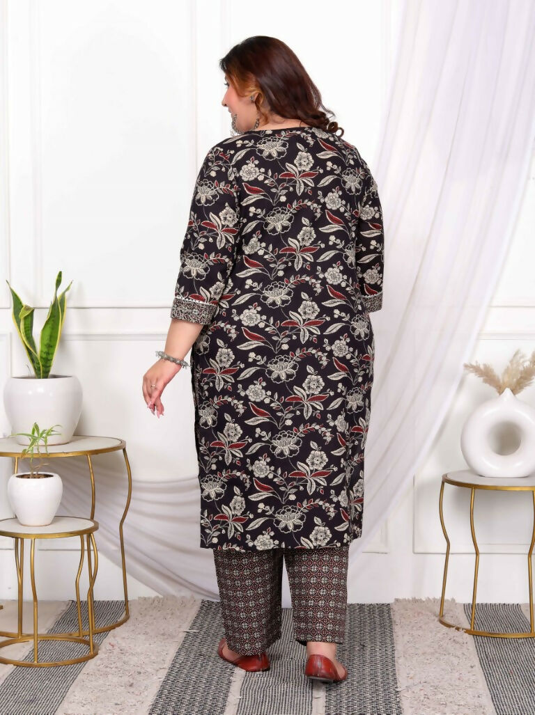 Miravan Women's Plus Size Multi Colour Floral Printed Zari Embroidery Yoke Design Kurta with Palazzo