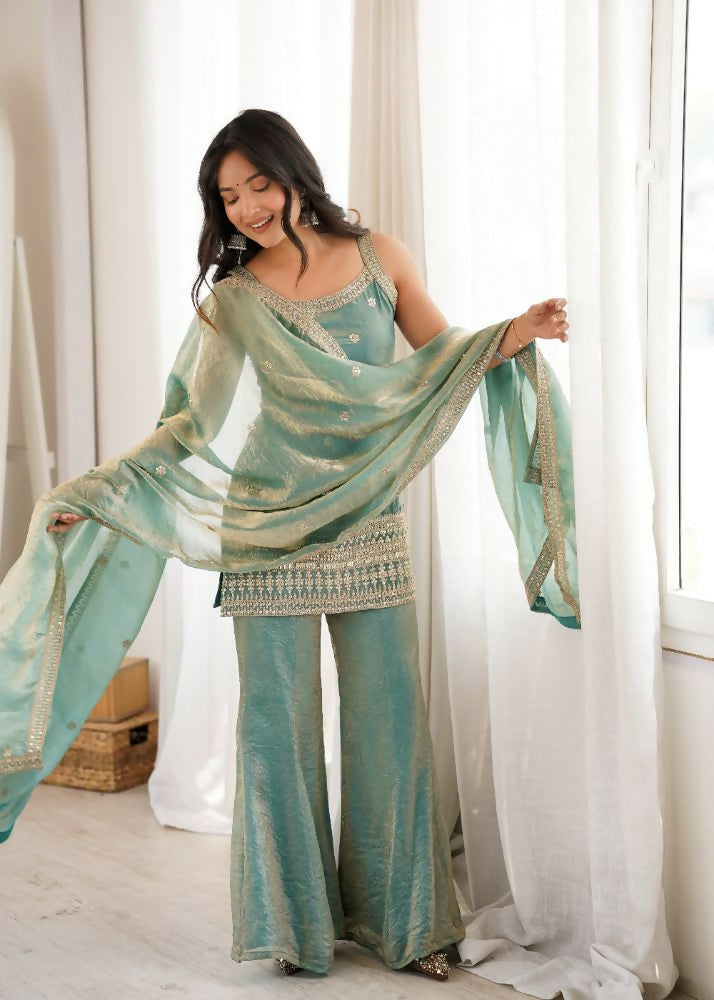 Teeya Creation Seafoam Green Embroidered Frendy Silk Sharara Suit Set