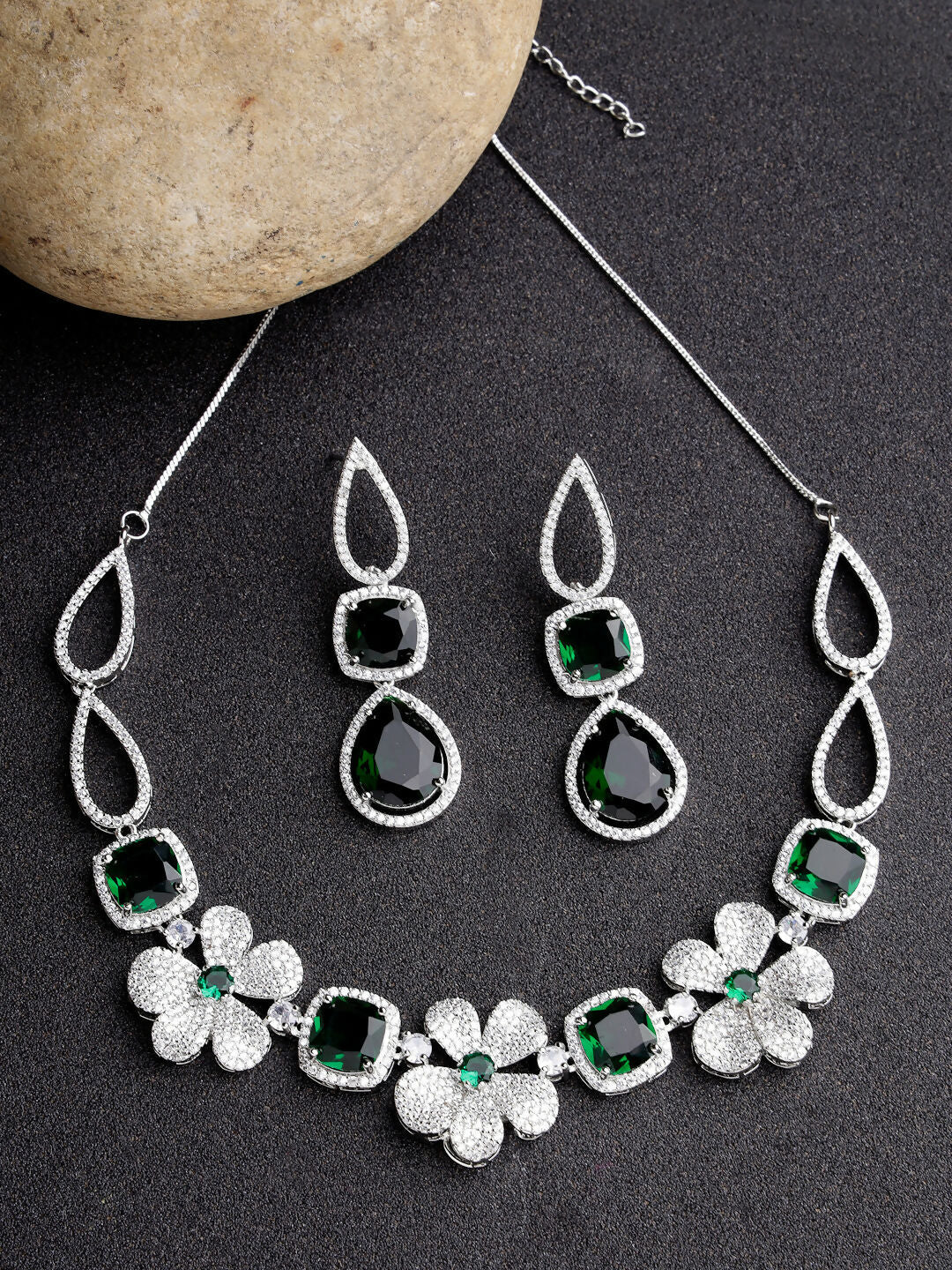 NVR Women's Green & Silver-Plated American Diamond Handcrafted Jewellery Set - Grab2buy