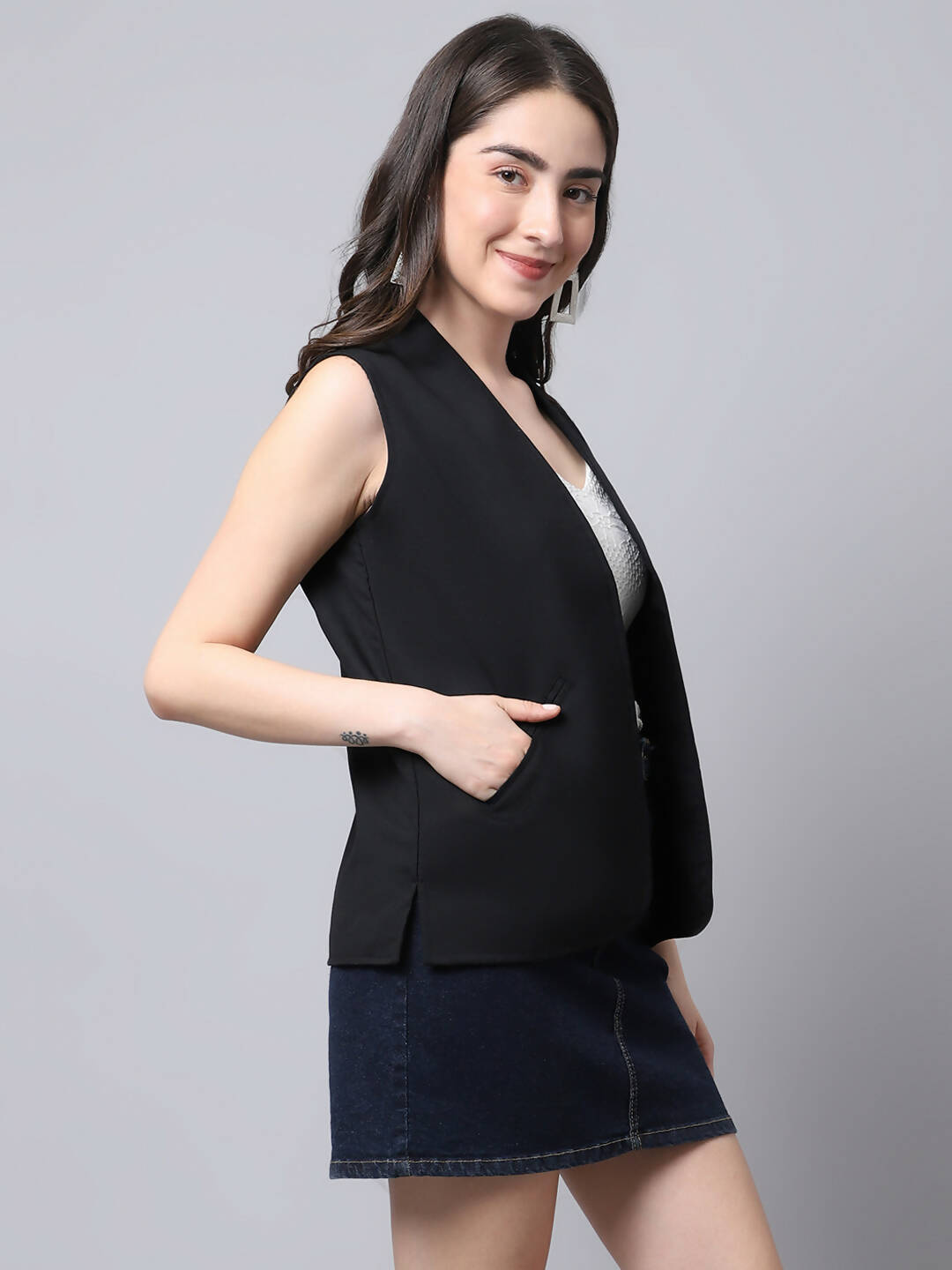 Even Apparels Black Linen Cotton Open Front Women's Waistcoat 