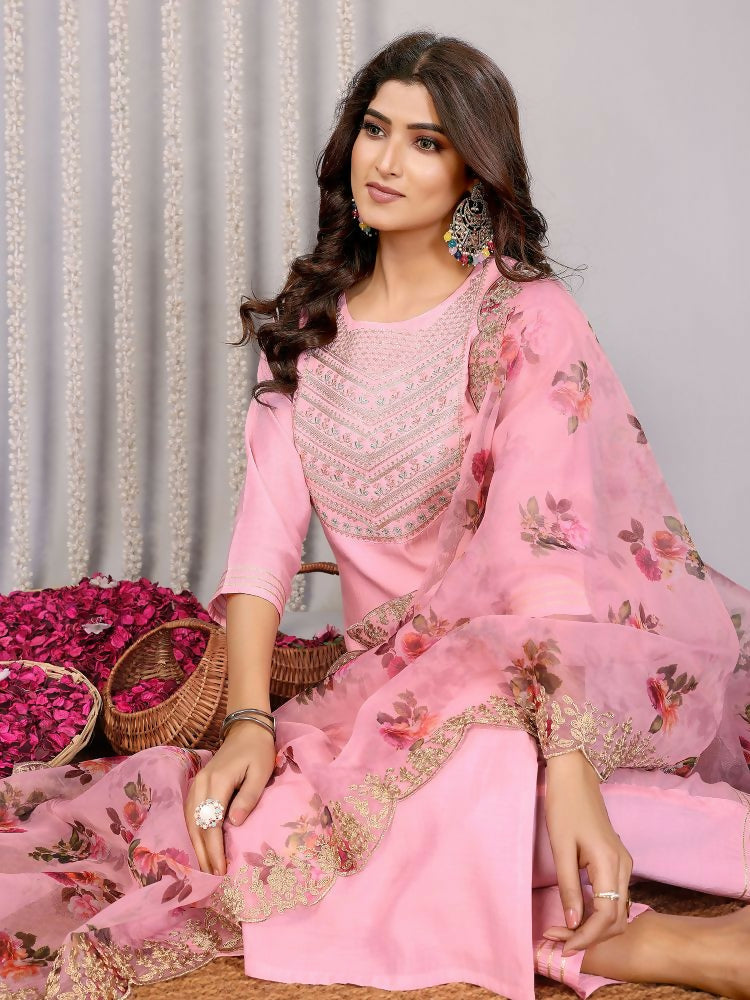 Joban Fashion Women Light Pink Roman Embroidery Stitched Kurta Set