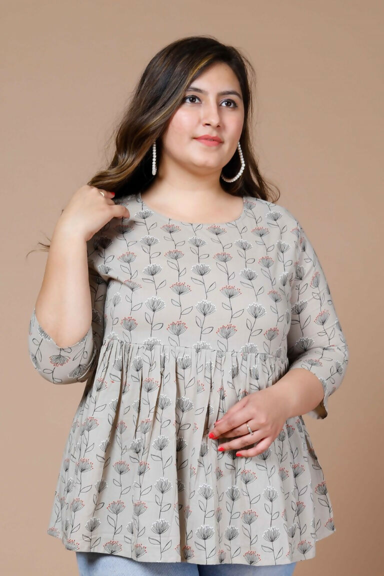 Miravan Women's Beige Plus Size Cotton Floral Printed Short Kurti