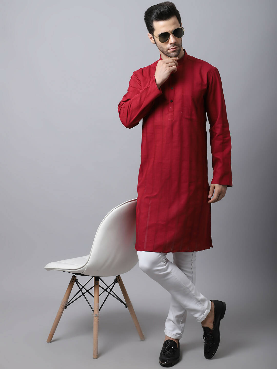 Even Apparels Maroon Pure Cotton Men's Kurta With Band Collar