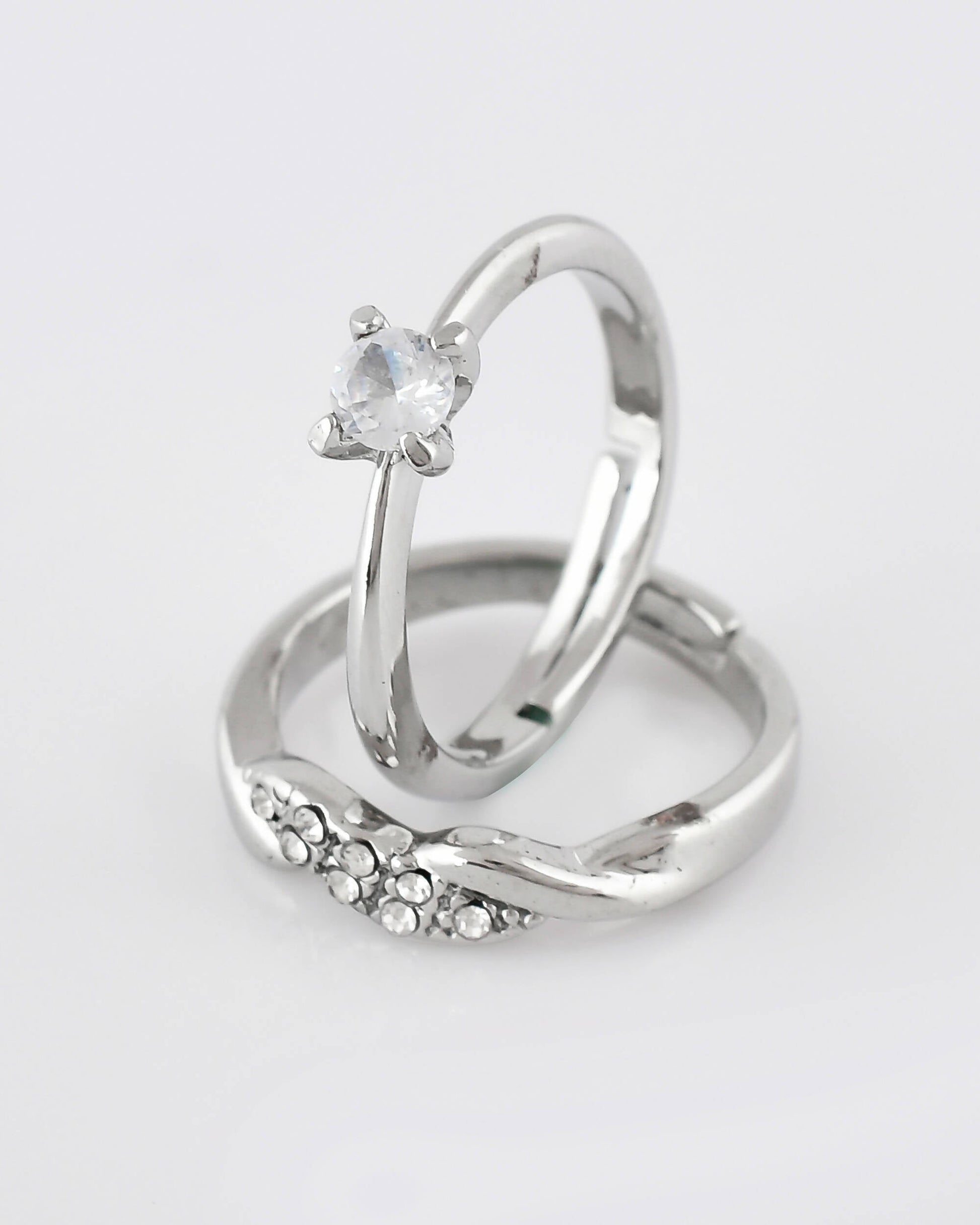 VOJ Stainless Steel Cubic Zirconia Silver Plated Adjustable Ring Set for Couple 