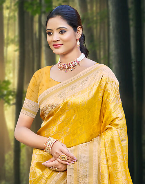 Sangam Prints Yellow Kanjivaram Silk Woven Work Traditional Saree