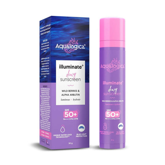 Aqualogica Illuminate+ Dewy Sunscreen SPF 50+ PA++++ with Wild Berries & Alpha Arbutin, Protection Against Uva/B & Blue Light Protection 
