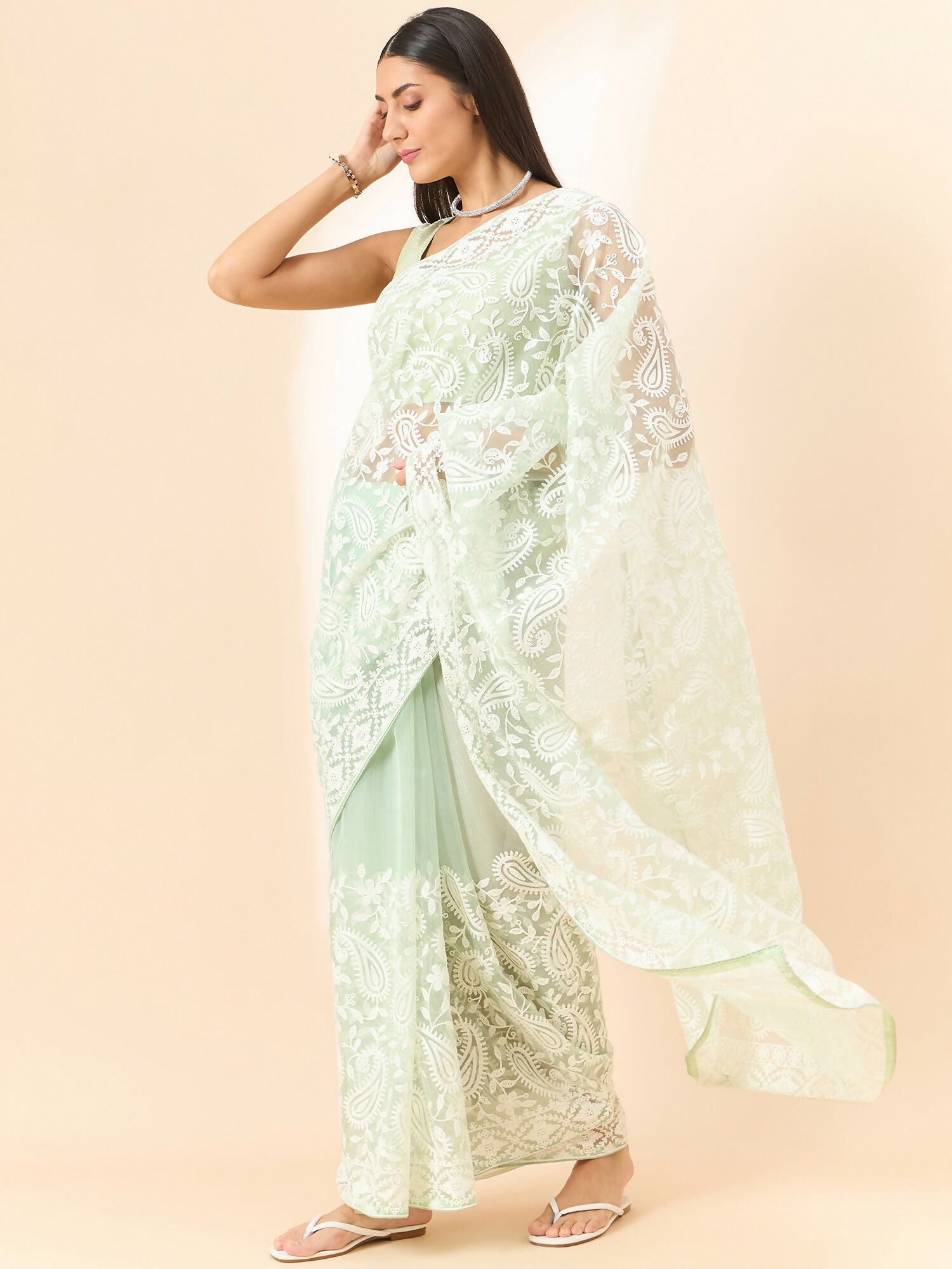 Green Organza Paisely Embroidered Saree with Unstitched Blouse Piece - Roozal