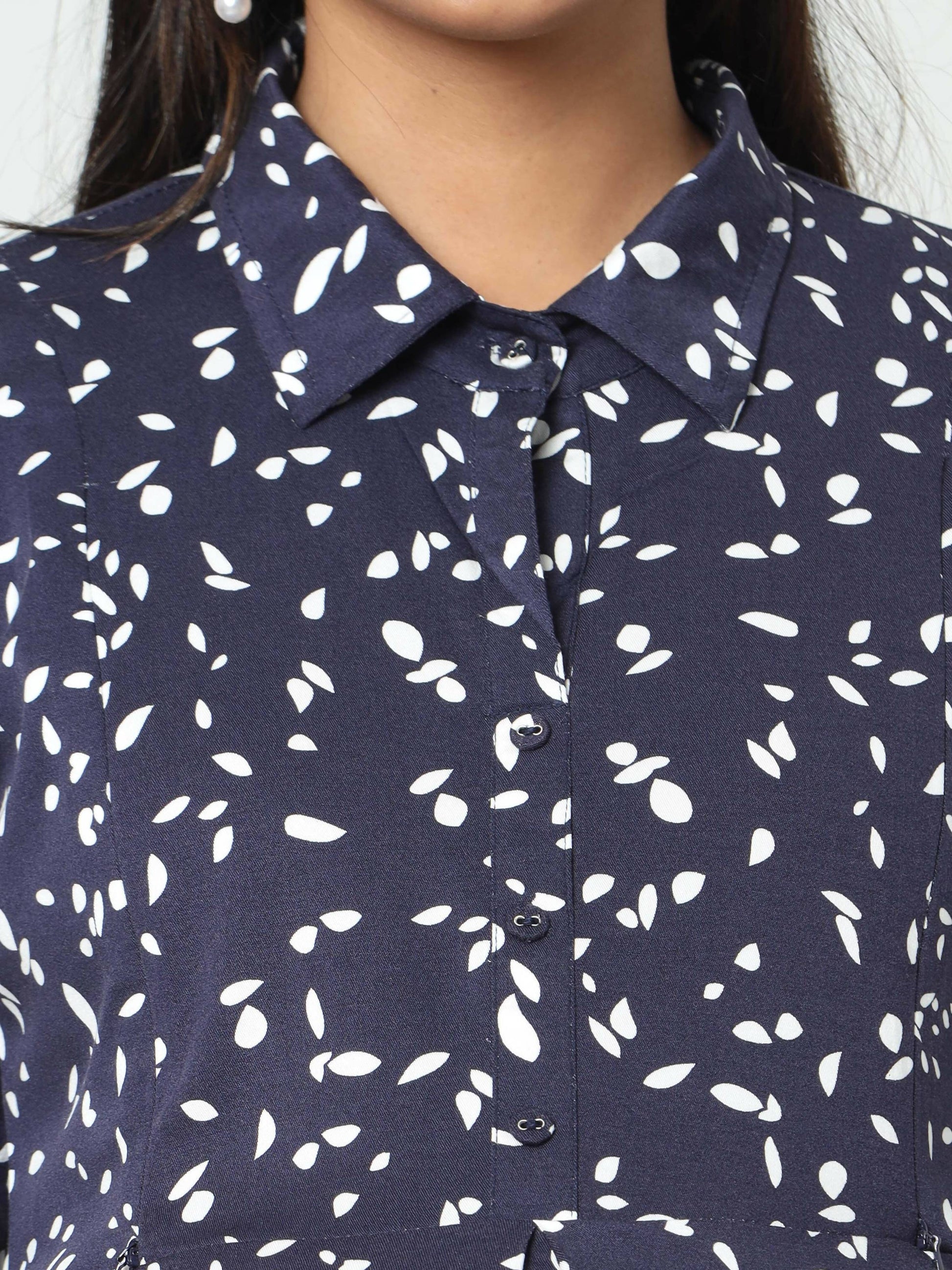 Manet Three Fourth Maternity Dress White Dot Print With Concealed Zipper Nursing Access - Navy Blue