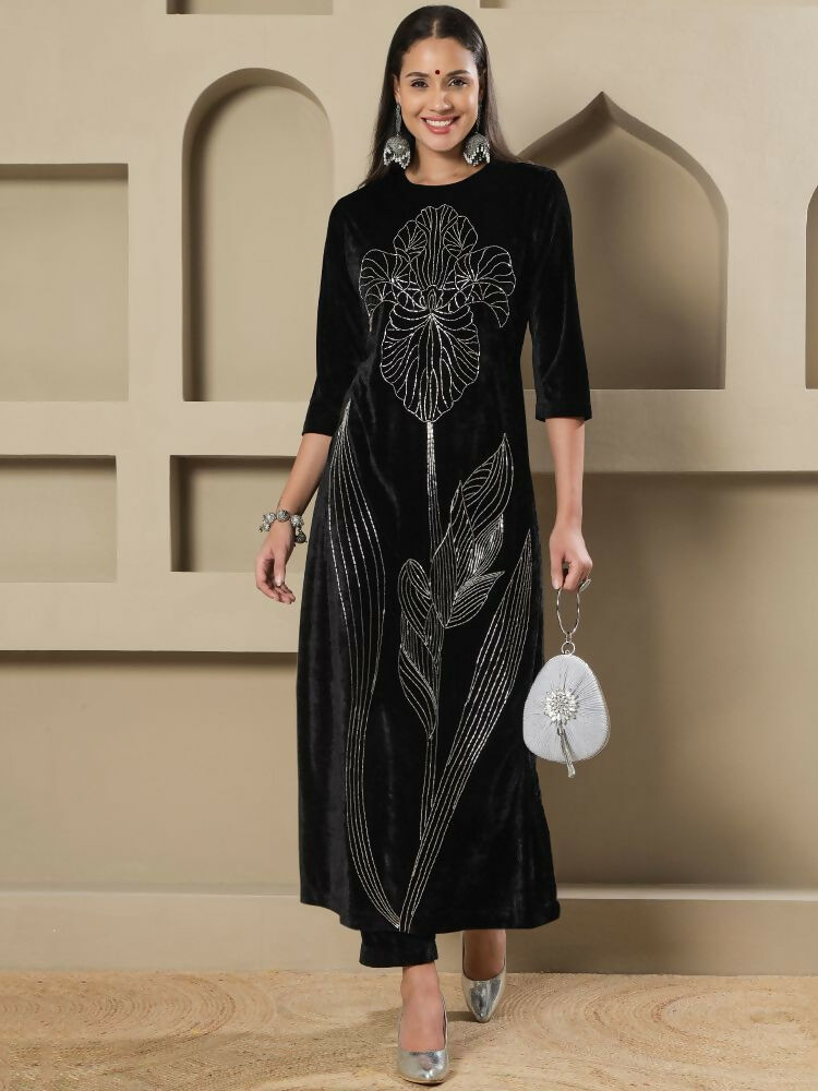 Joban Fashion Women Black Velvet Hand Embellishment Stitched Kurta Set