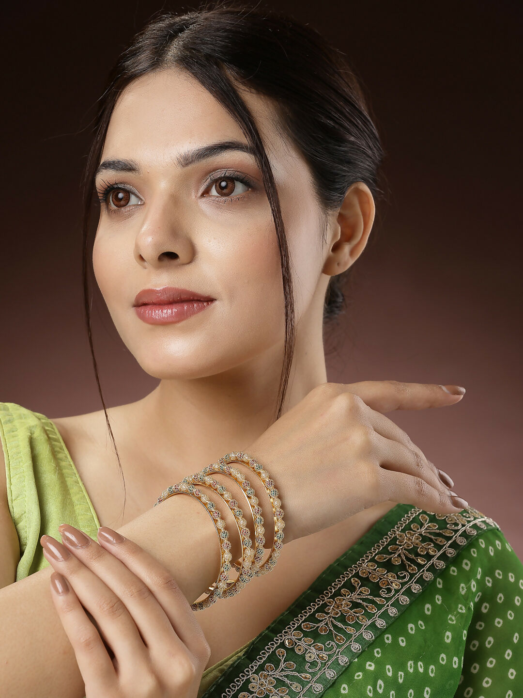 NVR Women's Set of 4 Gold-Polished Beads Handcrafted Traditional Bangles 