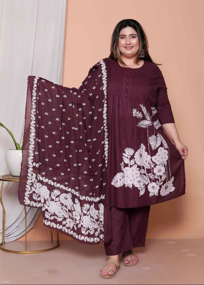 Miravan Womens Plus Size Wine Floral Kurta With Palazzo And Dupatta Set