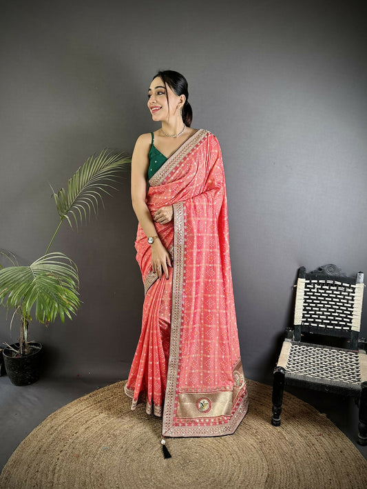 Joban Fashion Baby Pink Bandhej Bandhani Vichitra Silk Bandhani Prints Saree