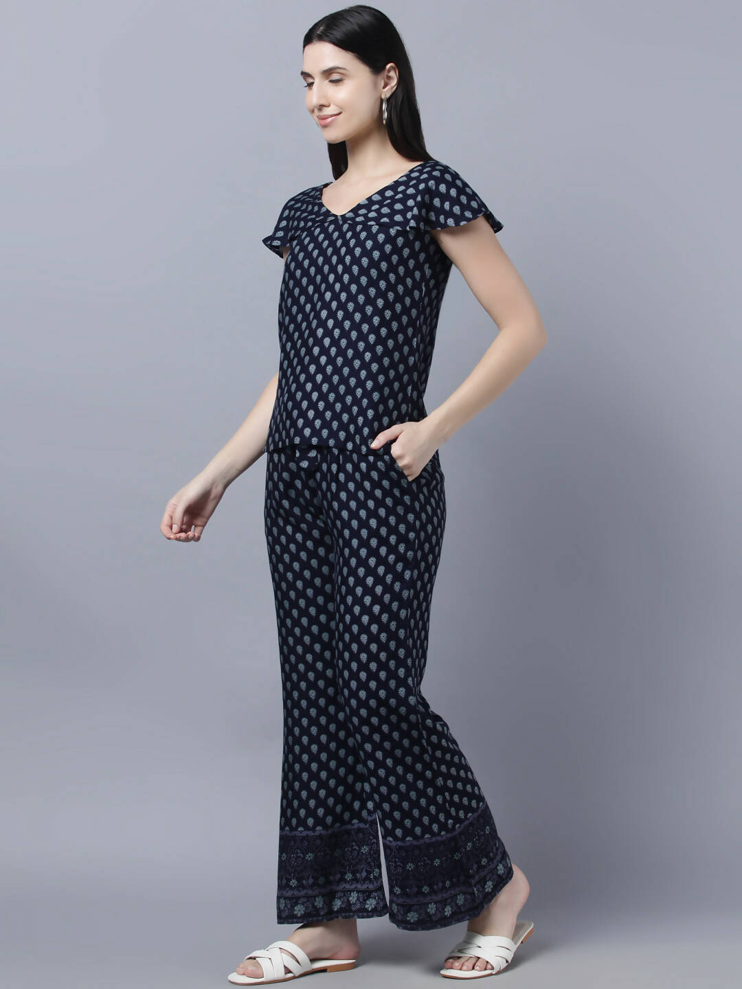 Myshka Women Navy Blue Ethnic Motifs Printed Pure Cotton Top with Palazzos
