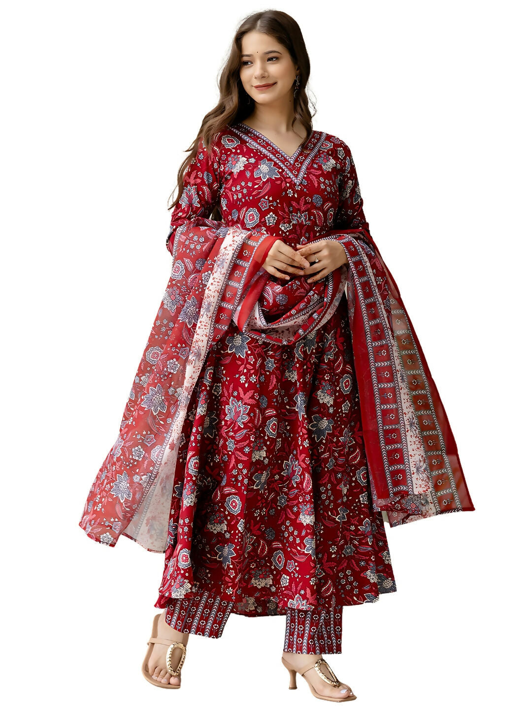 The52 Maroon Women's Gorgeous Rayon Fabric Printed Work Flared Kurta, Pant and Dupatta Set | Grab2Buy