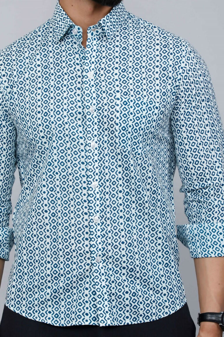 Miravan Men's White & Blue Premium Cotton Floral Print Casual Shirt 