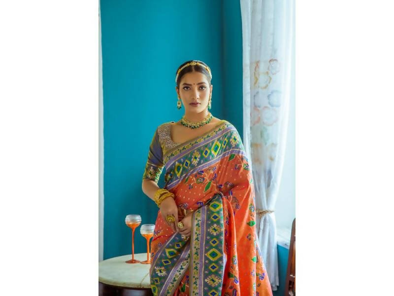 Aastha Fashion Women's Orange Paithani Silk Meenakari Zari Woven Saree with Blouse - Grab2buy