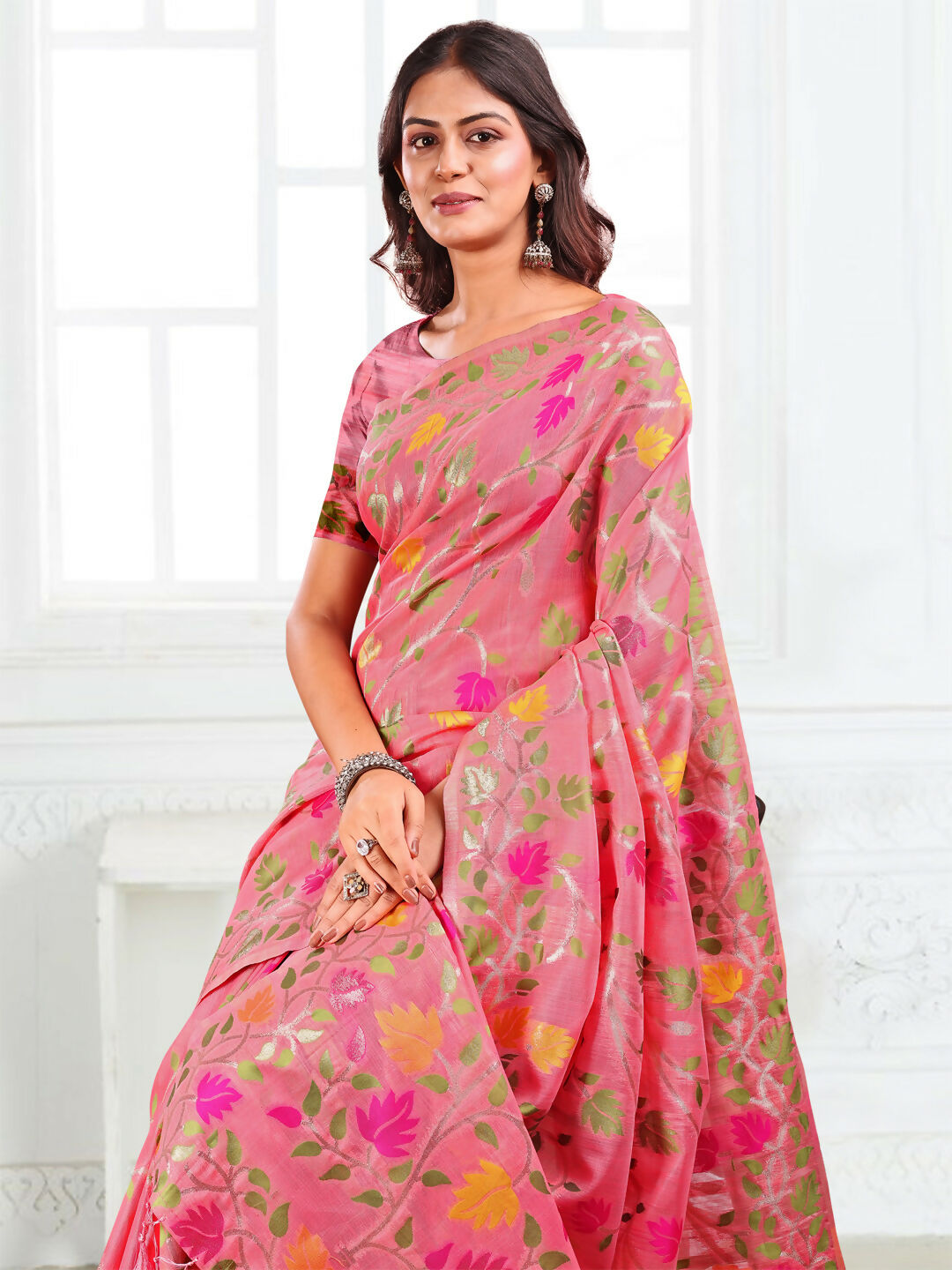 Shree Shyam Fashion Linen Cotton Pink Saree