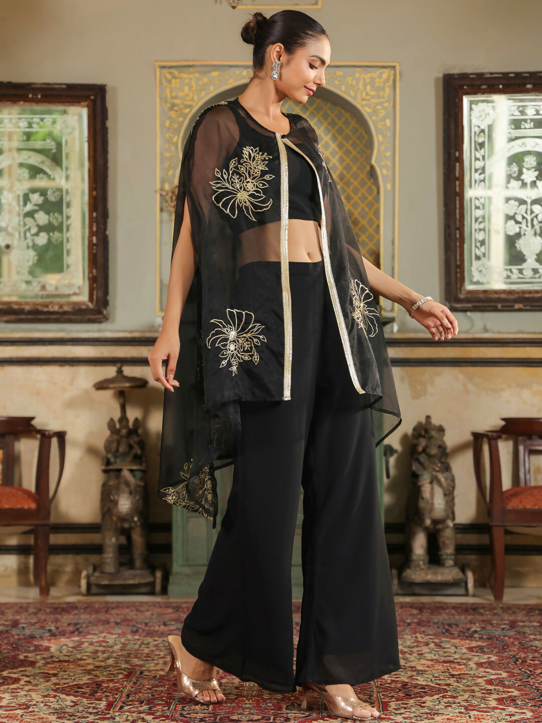 Janasya Black Georgette Solid Top Bottom Cape 