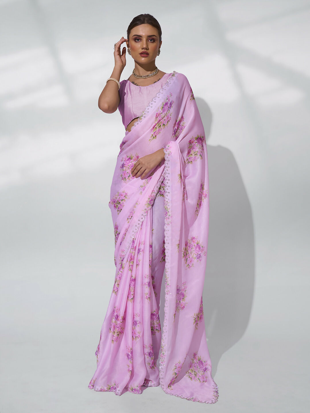 Pink Satin Shimmer Designer Printed Saree - Shezlin